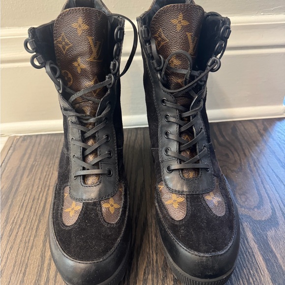 Louis Vuitton Shoes - Louis Vuitton Black and Brown Monogram Lace-Up Ankle Boots